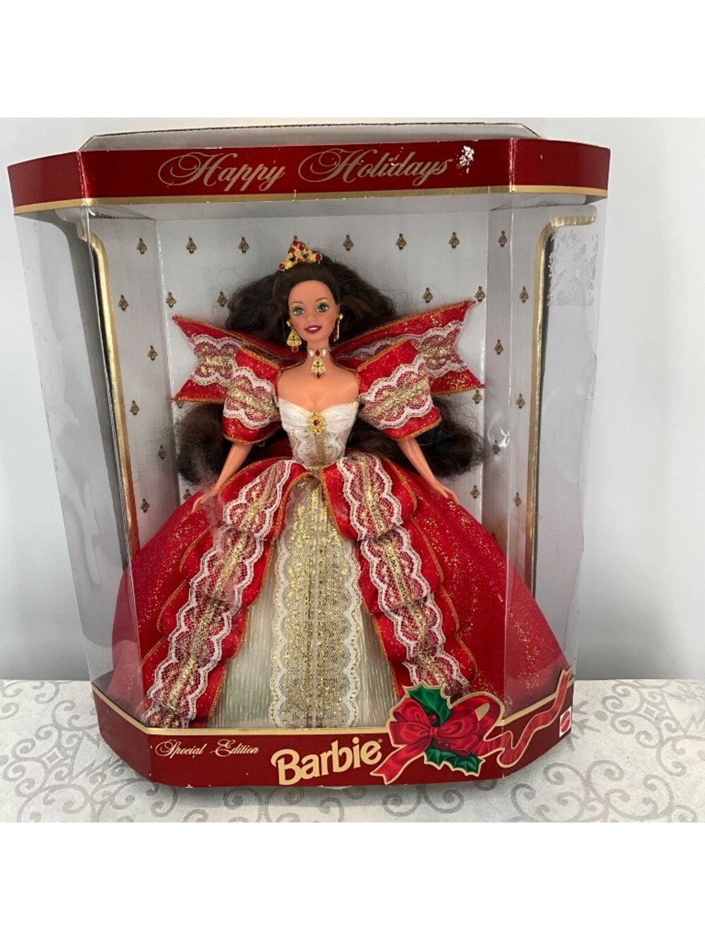 Happy Holidays Barbie Doll Special Edition 10th Anniversary Red White Gold Dress
